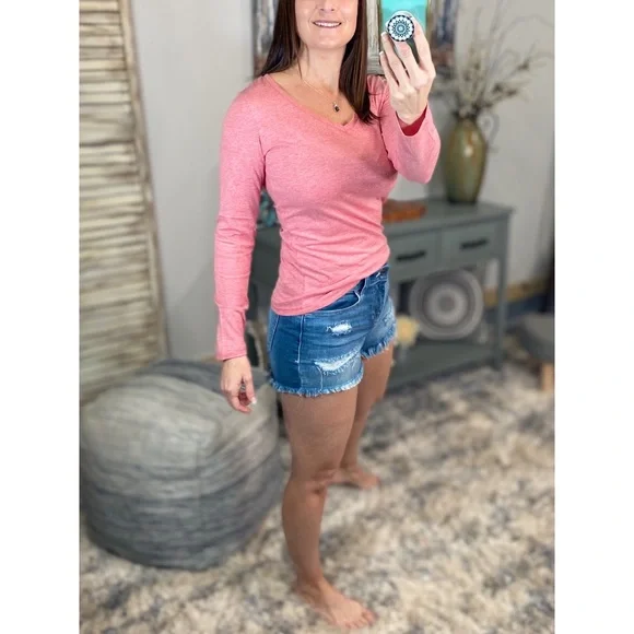 ❤️🔥V-Neck Long Sleeve Basic Slimming Top Marbled Red 1222 - Picture 7 of 12